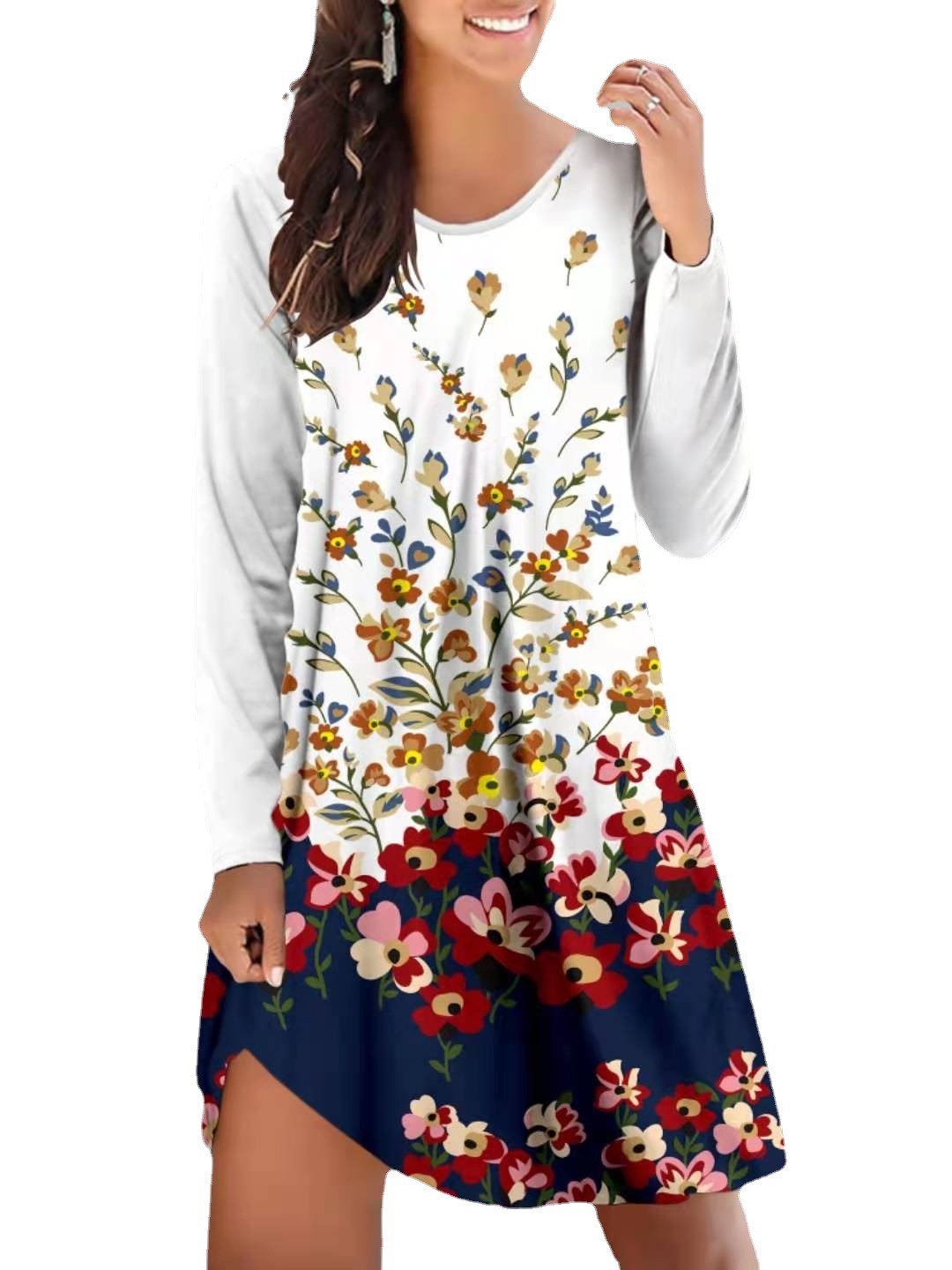 New women's dress fashion personality multi-color printing loose and versatile long-sleeved dress