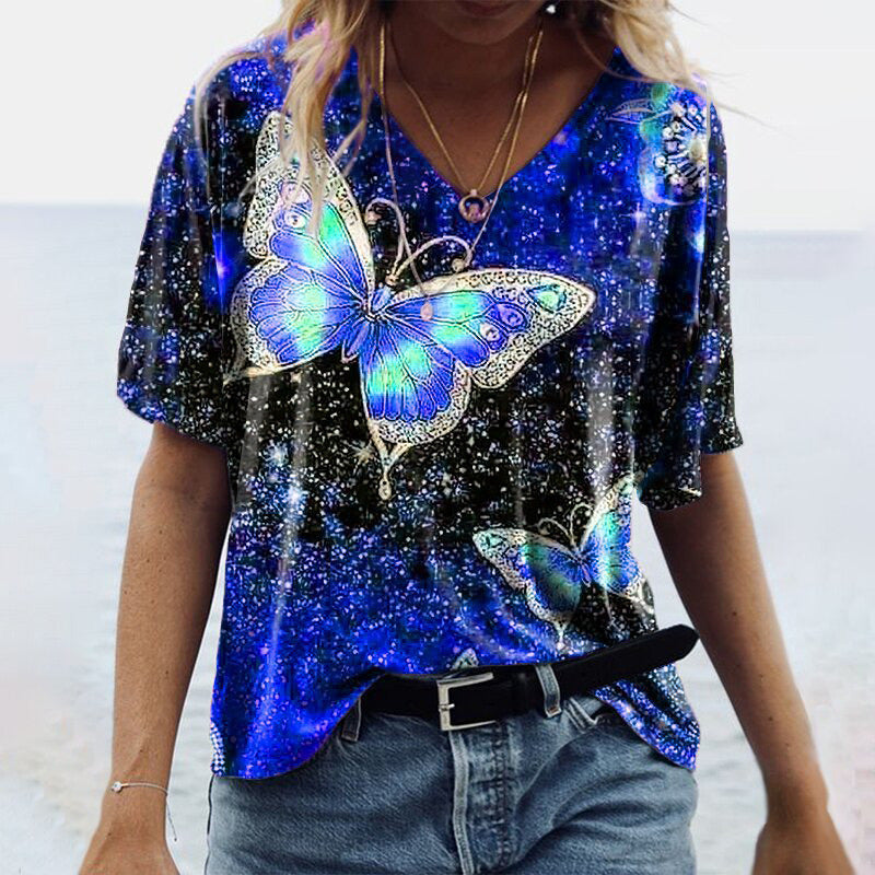 Summer Women's New Product Top Sleeve Butterfly Printed V-Neck T-Shirt