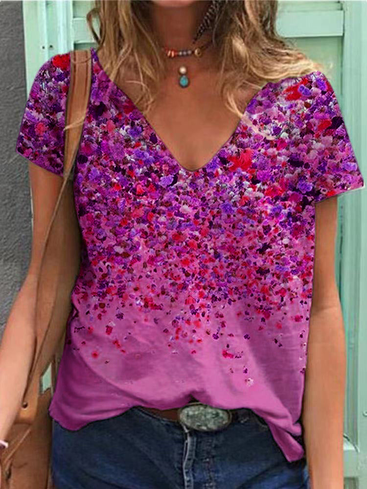 Summer new women's V-neck floral print short sleeve top T-shirt