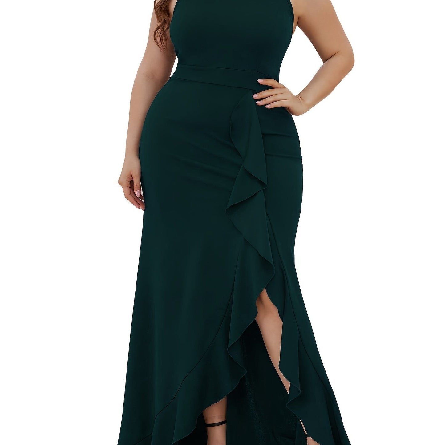 Plus Size Solid Ruffle Trim Split Hem Halter Neck Dress; Women's Plus Party; Events Elegant Maxi Prom Dress