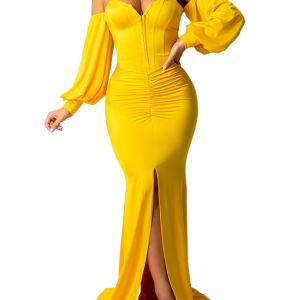 Women's Dresses Women's Sexy Off Shoulder Maxi Dress V Neck Lantern Long Sleeve Split Gown Cocktail Mermaid Formal Dresses