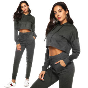 Autumn and Winter Suit Casual Sports Hooded Sweater Exposed Navel Two-piece Female