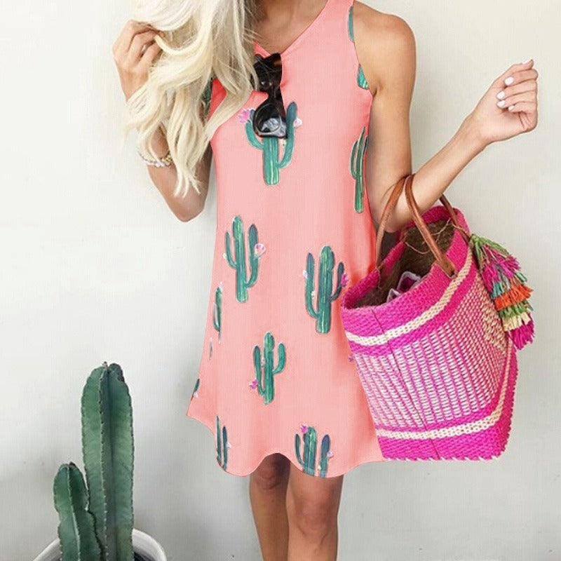 Women's Cactus Print Round Neck Sleeveless Tank Dress