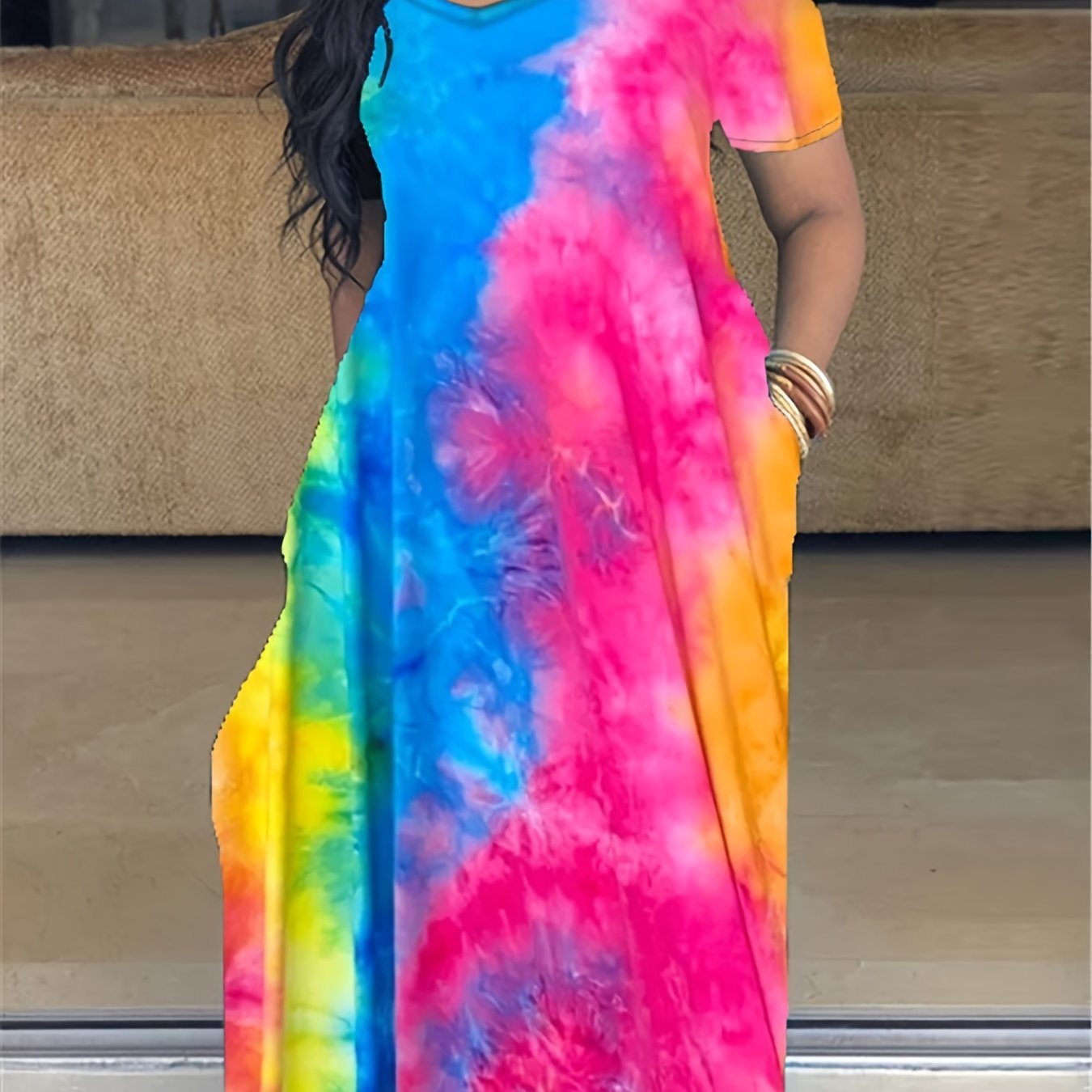 Plus Size Maxi Dress With Pocket; Women's Plus Tie Dye Print Short Sleeve Elegant Medium Stretch Long Dress