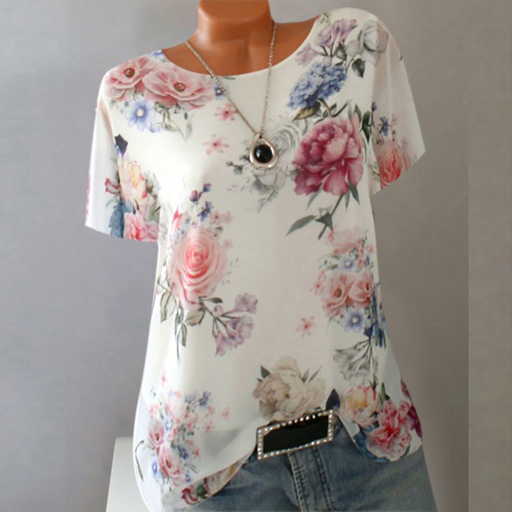 summer new women's shirt loose printed large round neck short-sleeved T-shirt