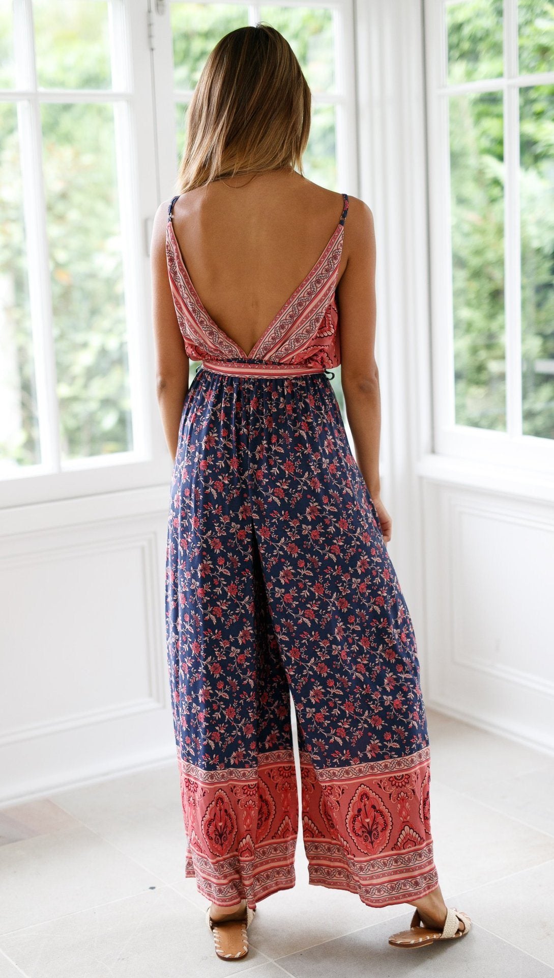 Spring and Summer Hot Jumpsuit Sexy Sling Strap Waist Print Jumpsuit