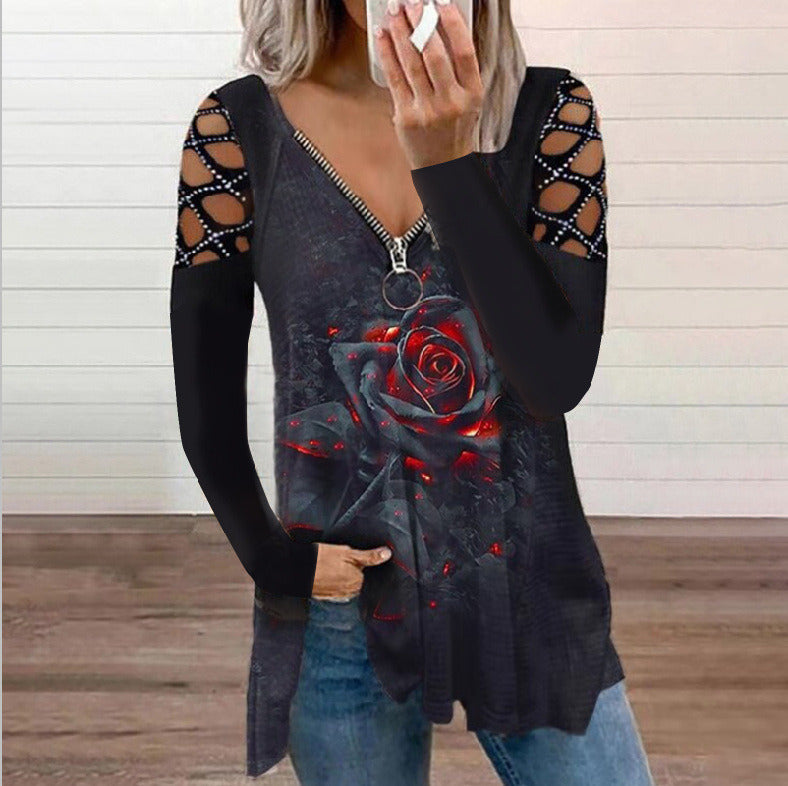 Fall/winter New Style V-neck Hot Drilling Long-sleeved Loose T-shirt Top Halloween