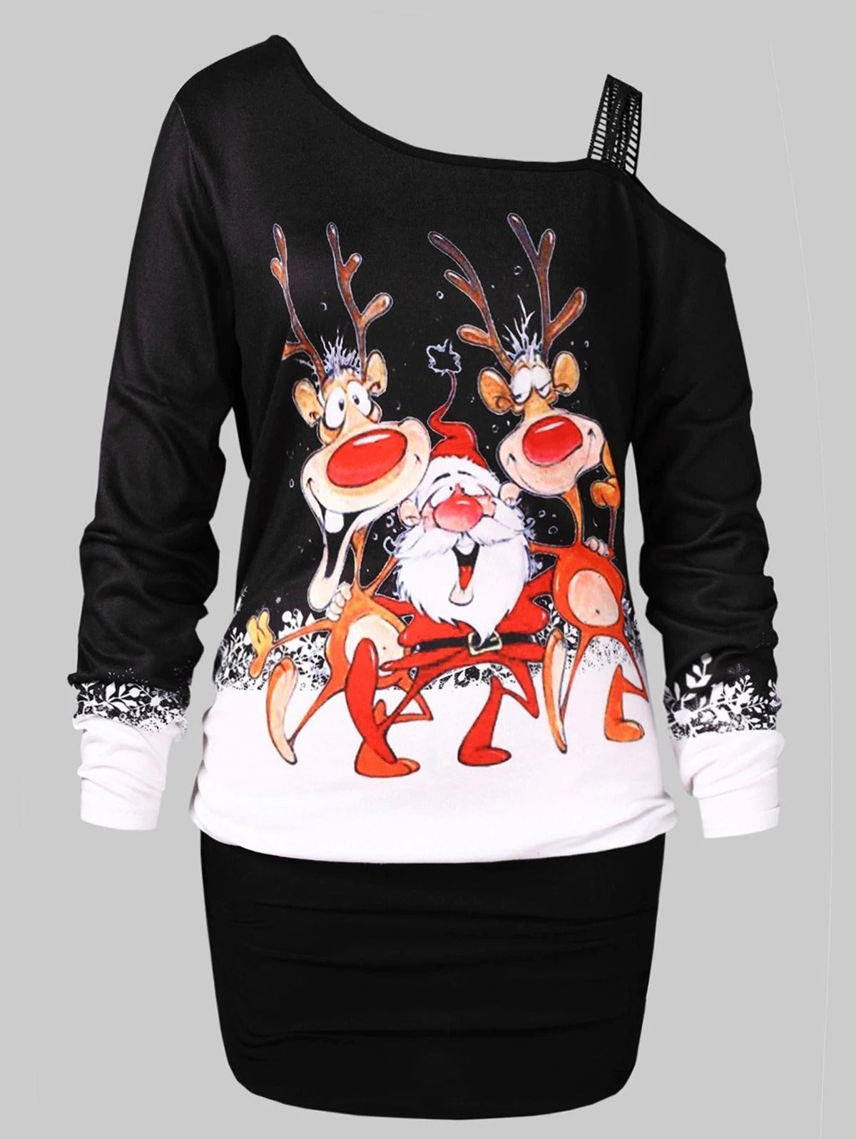 Women's Fashion Plus Size Lace Off Shoulder Christmas Santa Claus Elk Print Casual Tunic Long Tops Christmas Sweatshirts