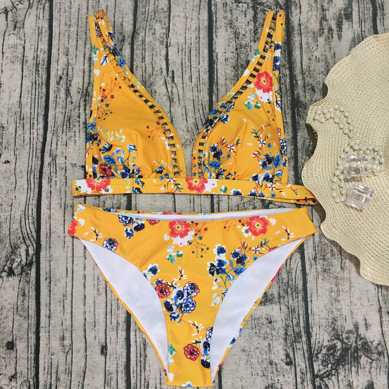 New Bikini Flower Print Swimsuit Ladies Split Swimsuit Beach Bikini