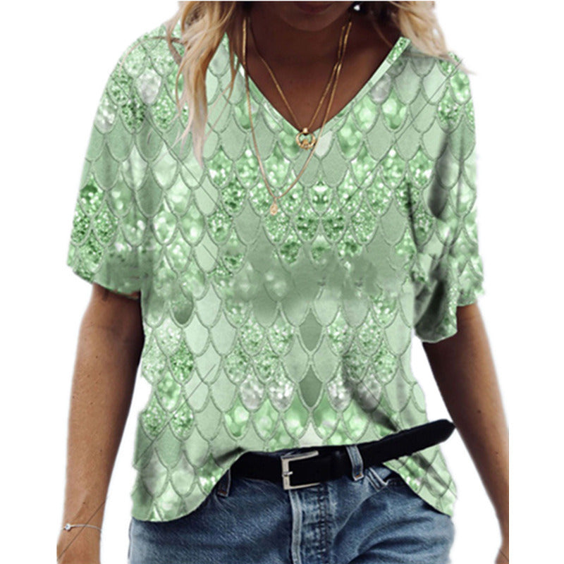 summer new women's 3D print loose V-neck short-sleeved T-shirt tops