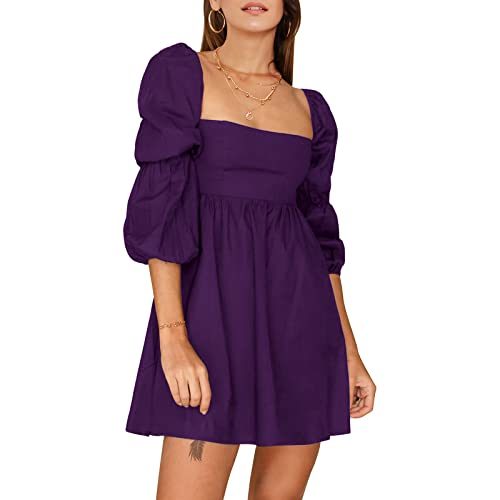 Womens Square Neck Dress Long Puff Sleeve A-Line Casual Short Mini Dress