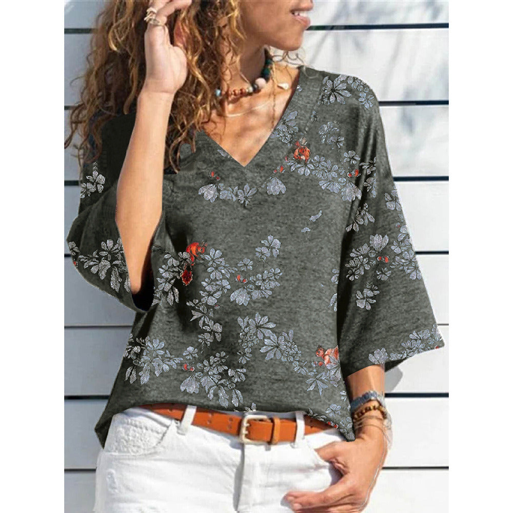 Fall Women's Seven-point Sleeve V-neck Printed Casual Loose T-shirt