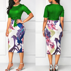 summer new women's sexy slim round neck short-sleeved printed stitching dress