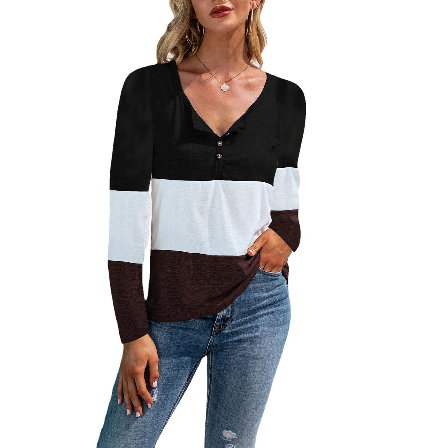 Autumn and winter new style women's hot sale V-neck long-sleeved slim stitching button T-shirt top