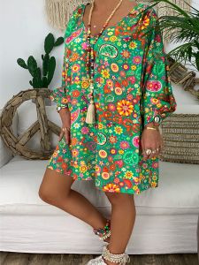 Plus Size Floral Print Long Sleeve V Neck Dress; Plus Size Slight Stretch Dress; Dress Women