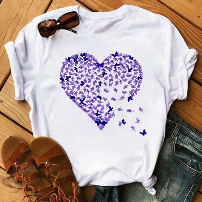 Watercolor Butterfly Heart Printed T Shirt New Women T-Shirt Harajuku Cute Graphic Tee Shirt Ladies Casual Female Tops Tee