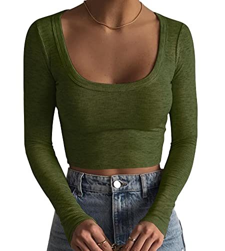 Women's Square Neck Long Sleeve Ribbed Slim Fitted Casual Basic Crop Top