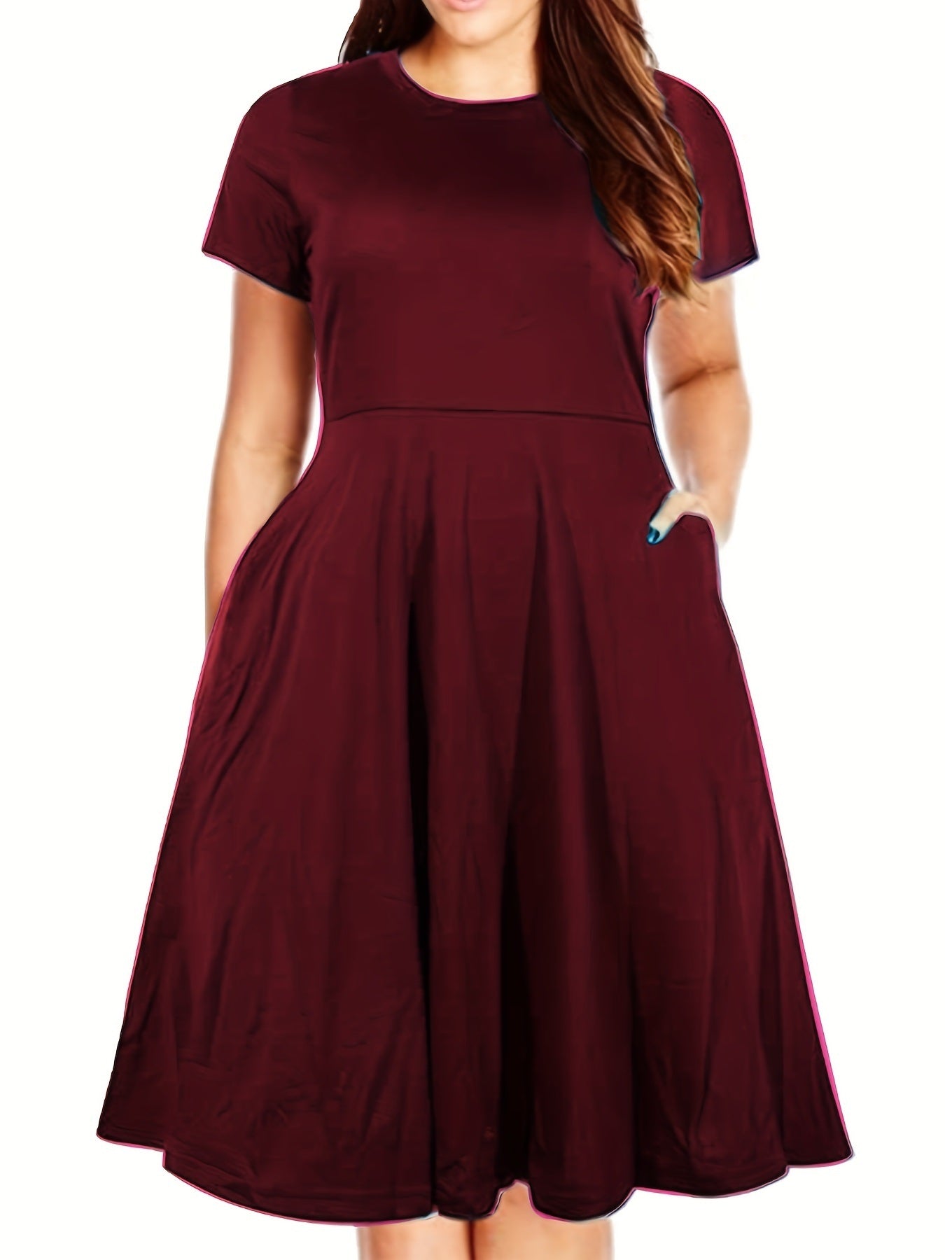 Plus Size Solid Short Sleeve Midi Dress With Pocket; Women's Plus Medium Stretch Fashion Midi Dress