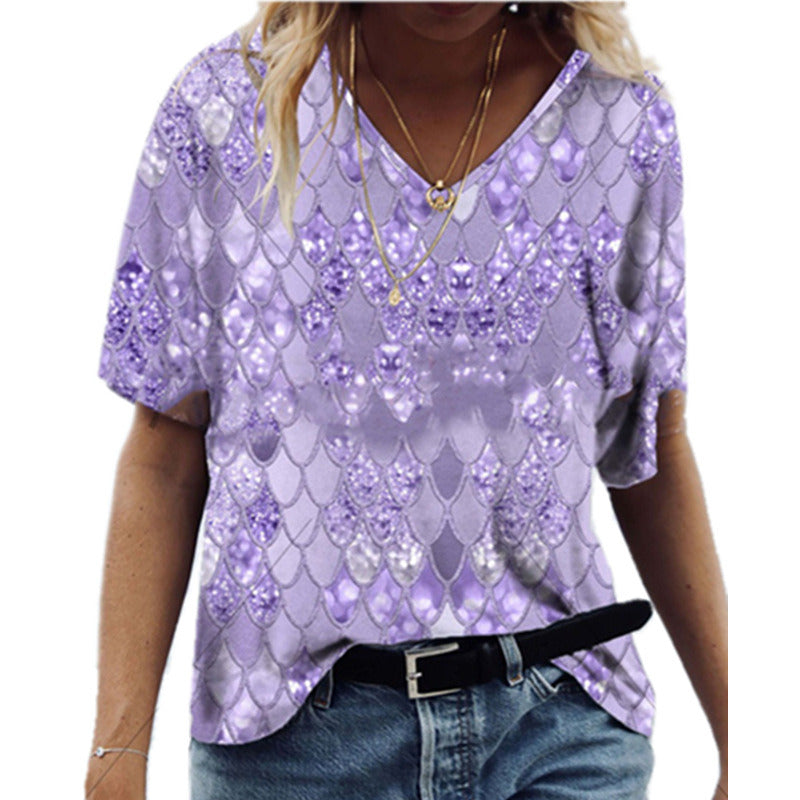 summer new women's 3D print loose V-neck short-sleeved T-shirt tops