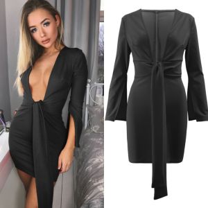 New women's dress sexy v-neck long sleeve Irregular dress