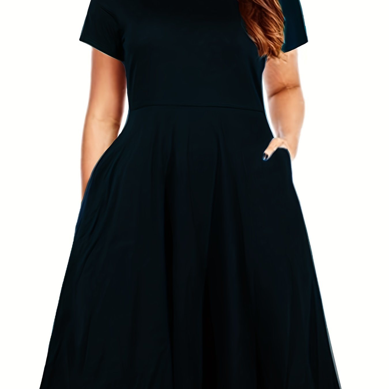 Plus Size Solid Short Sleeve Midi Dress With Pocket; Women's Plus Medium Stretch Fashion Midi Dress