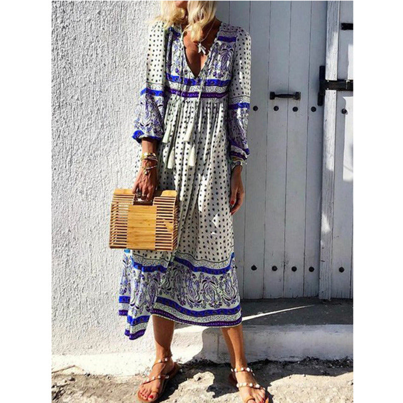 Summer New European and American Style Women's Deep V Printed Long-sleeved Dress