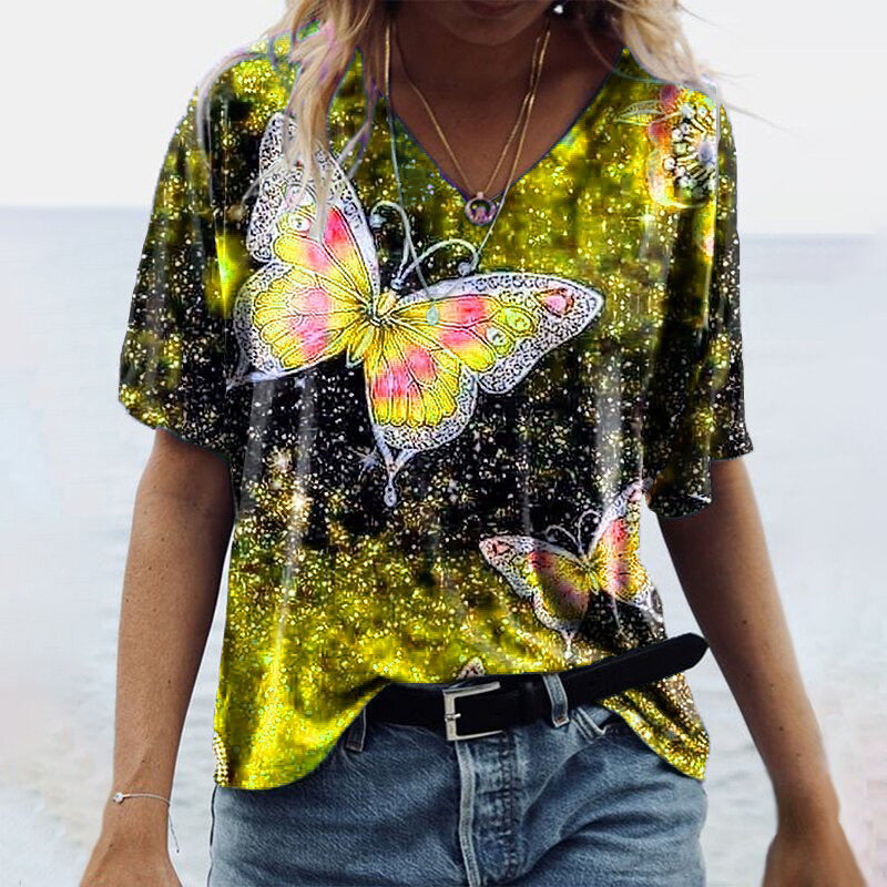 Women's Spring and Autumn New Five-point Sleeve Butterfly Print Top