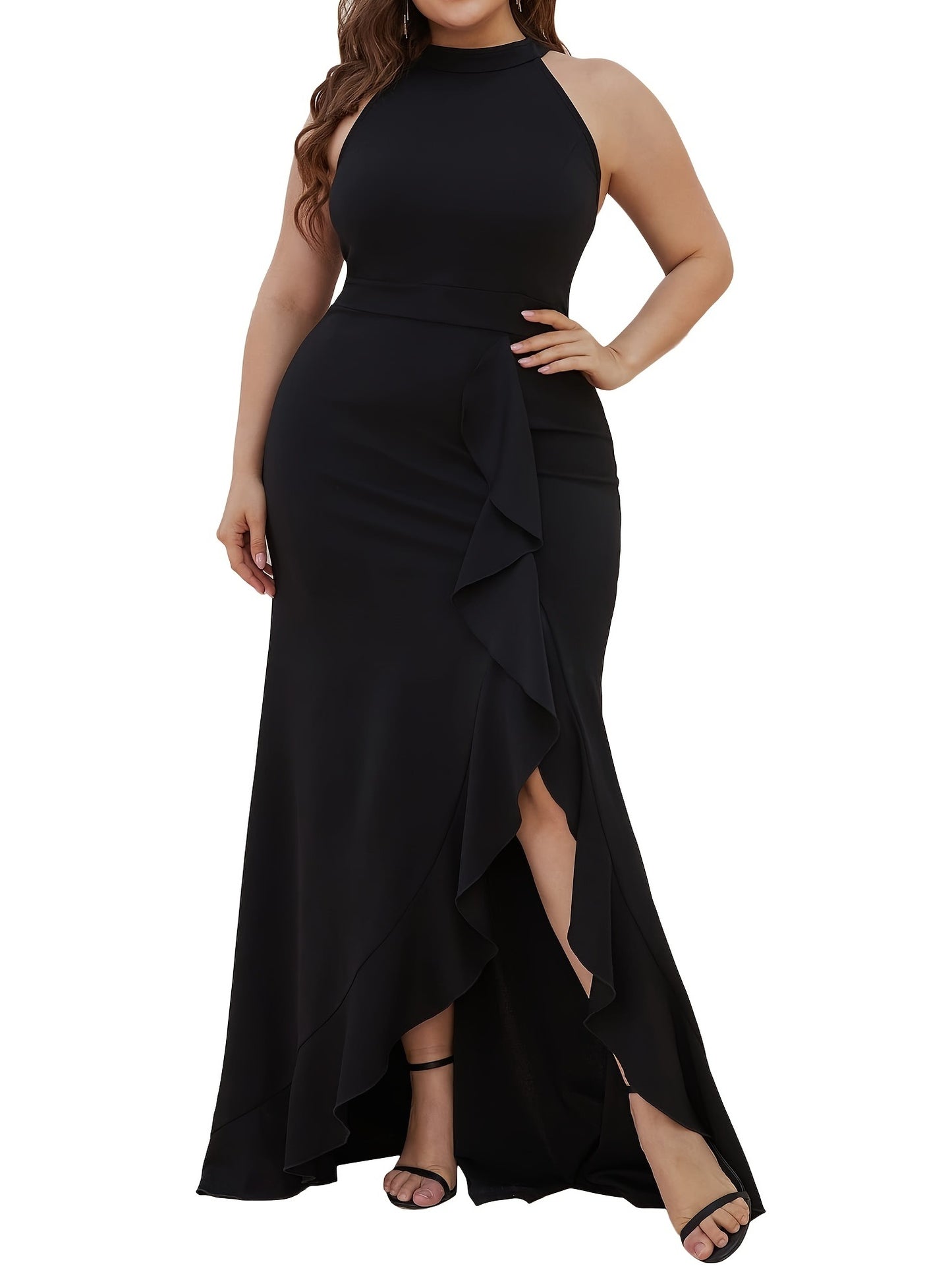 Plus Size Solid Ruffle Trim Split Hem Halter Neck Dress; Women's Plus Party; Events Elegant Maxi Prom Dress