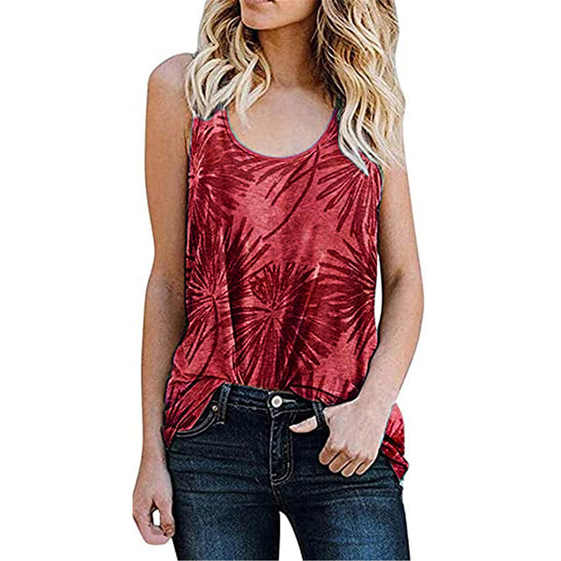 Summer Women's Casual Sleeveless Vest Round Neck Leopard Print Floral Burnout T-Shirt Women's Top