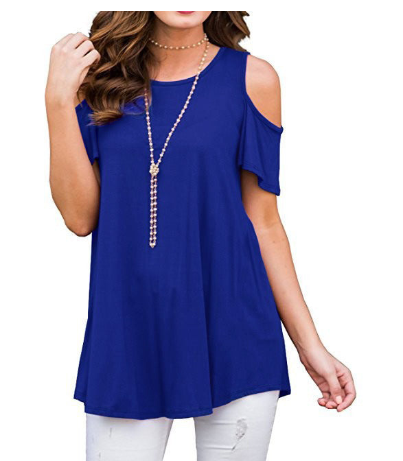 Summer Women's Shirt Round Neck Off Shoulder Short Sleeved Loose Casual T-shirt