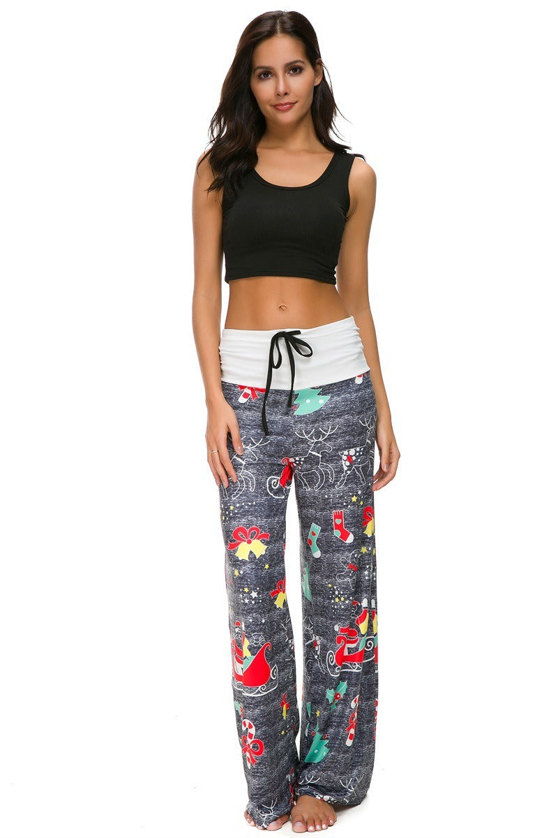 Christmas Snowflake Elk Print Stitched Casual Wide Leg Pants