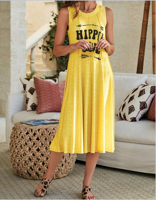 Summer new women's simple letter printing casual long round neck sleeveless vest dress