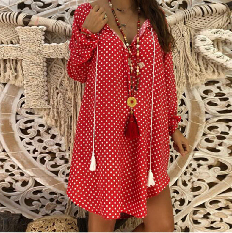 women's new polka dot printed wave point V-neck long-sleeved dress