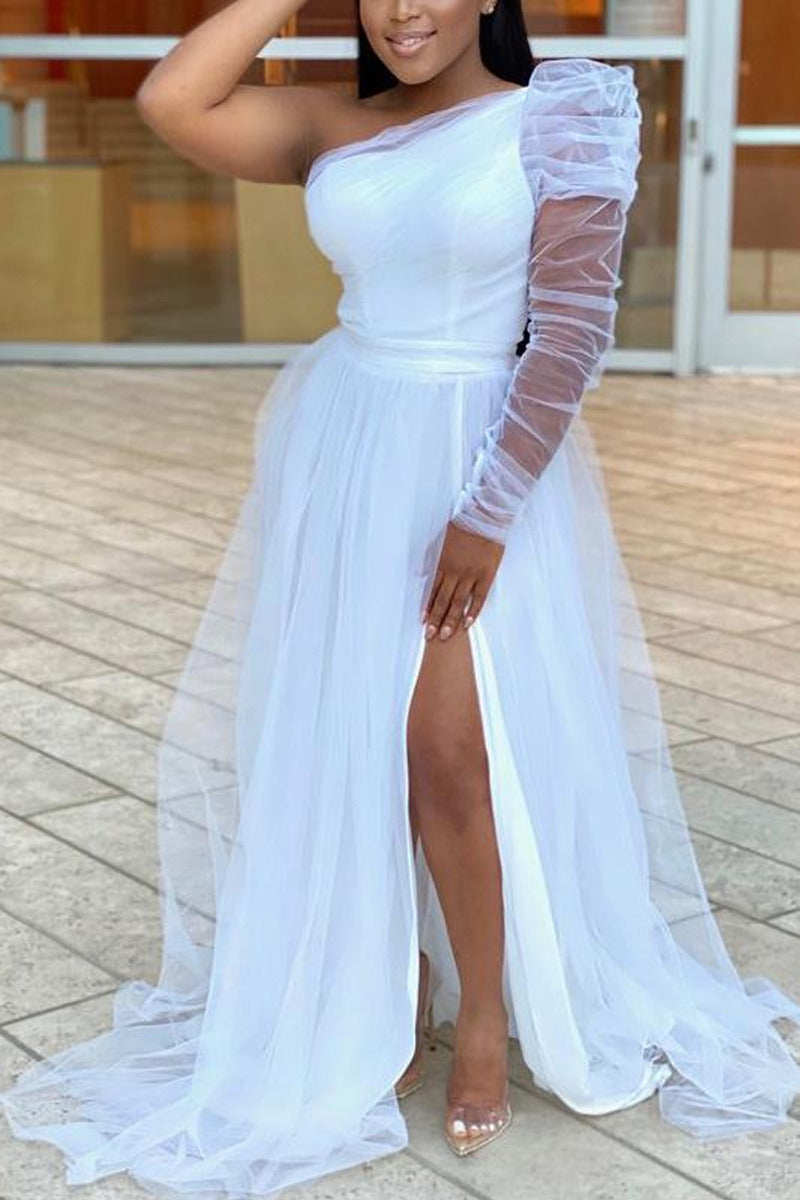 Spring Summer Large Size XL-5XL Mesh Evening Dress Women Loose Swing Skirt One Shoulder Sleeves Slit Hem Trailing Floor Length