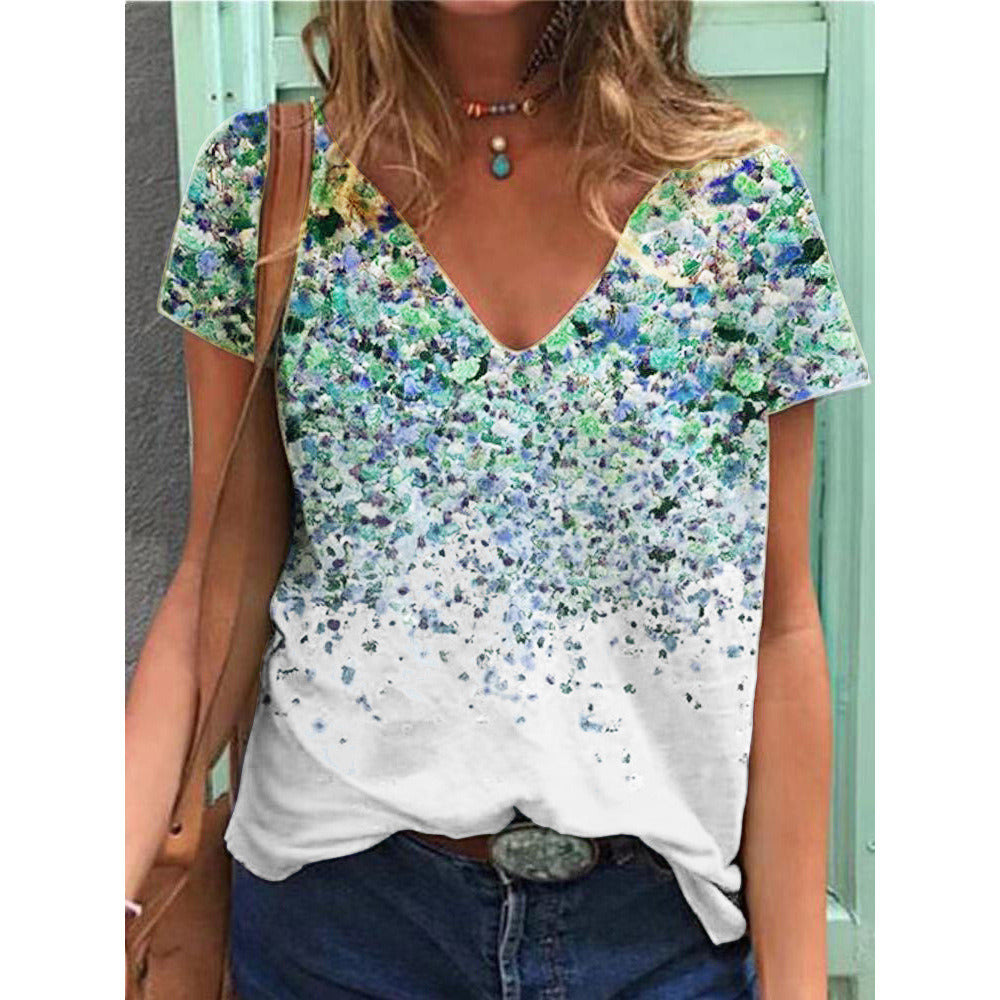 Summer new women's V-neck floral print short sleeve top T-shirt