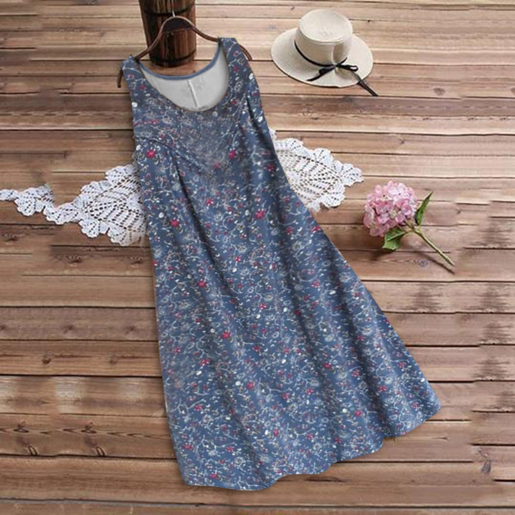 summer new women's round neck sleeveless print vest skirt beach loose dress