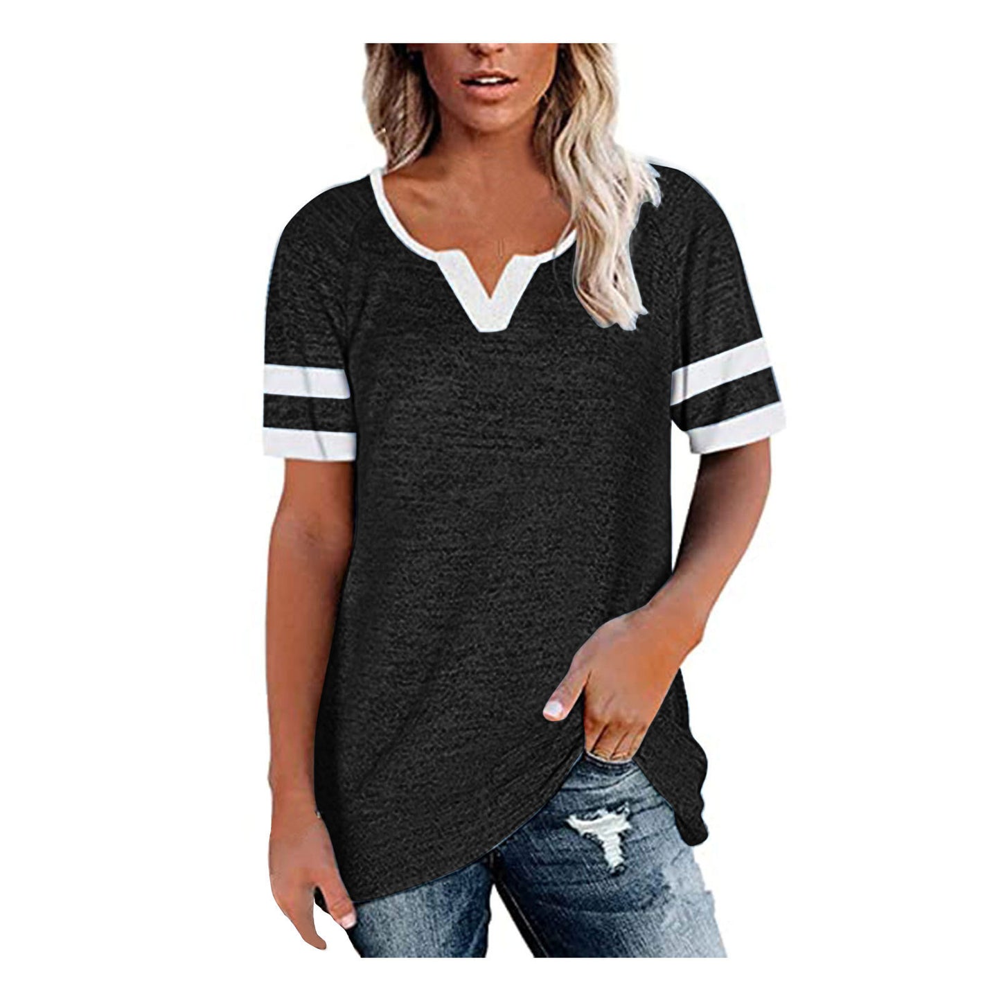 summer new women's T-shirt stitching V-neck casual T-shirt short-sleeved loose top