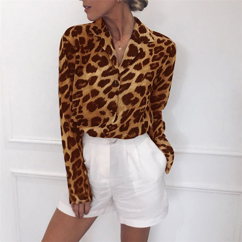 Europe and the United States spring and autumn new women's leopard print V-neck long-sleeved chiffon shirt women