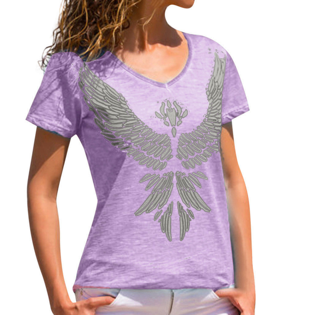 European and American new women's feather print round neck short-sleeved T-shirt