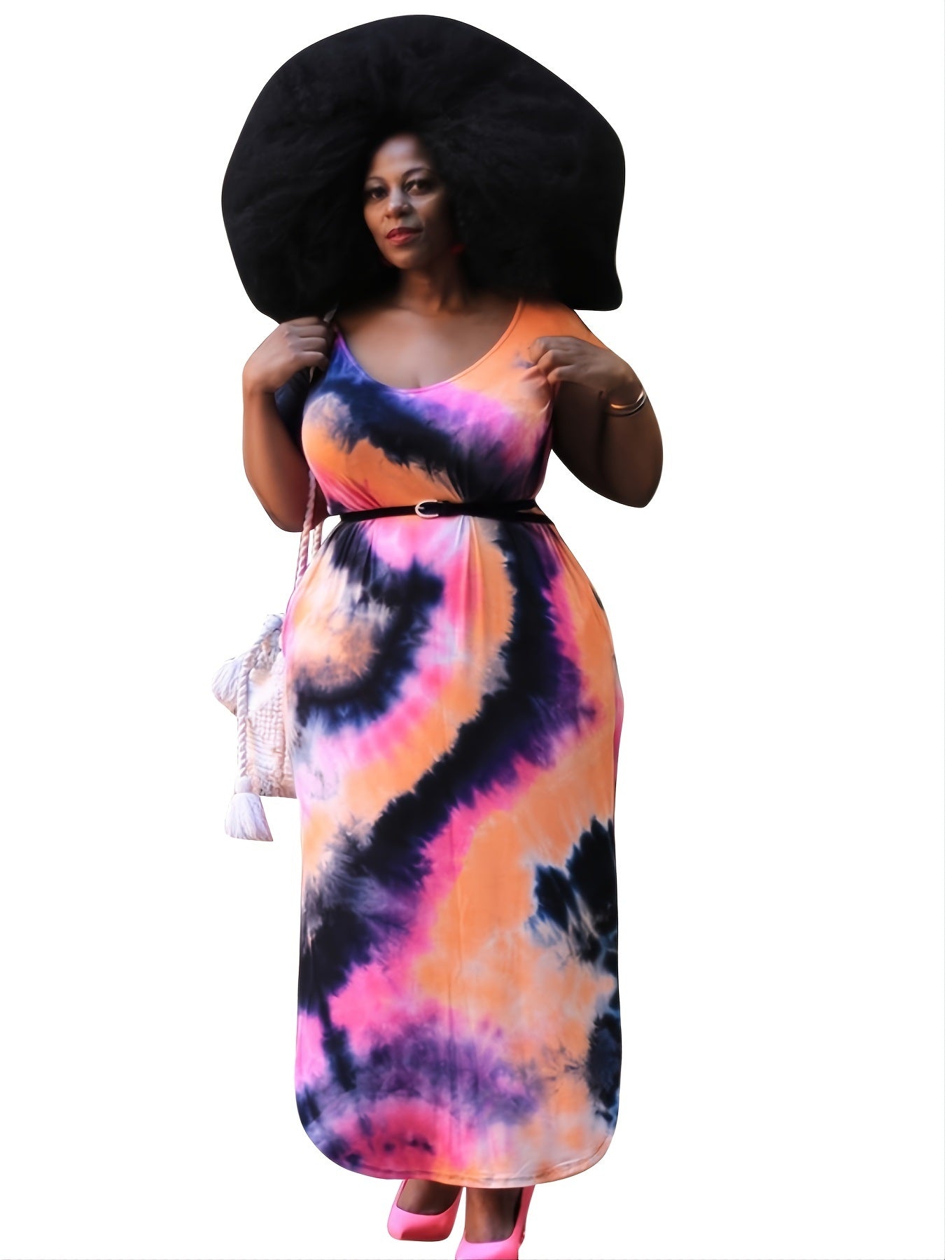 Plus Size Tie Dye Round Neck Loose Fit Maxi Dress; Women's Plus High Stretch Elegant Long Dress