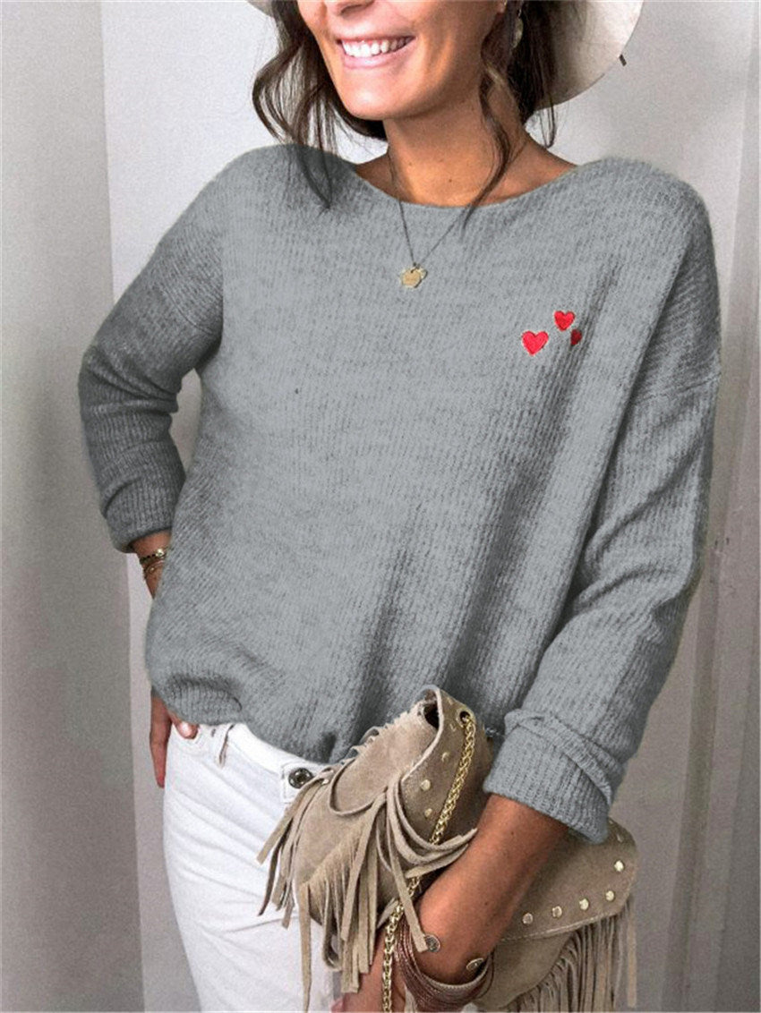 New Autumn and Winter Loose Solid Color Embroidery Love Long-sleeved Bottoming Shirt Round Neck Top Women