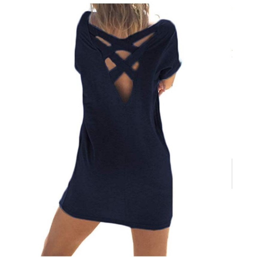 Hot Bat Sleeves Back Cross Bandage Openwork Hip Dress