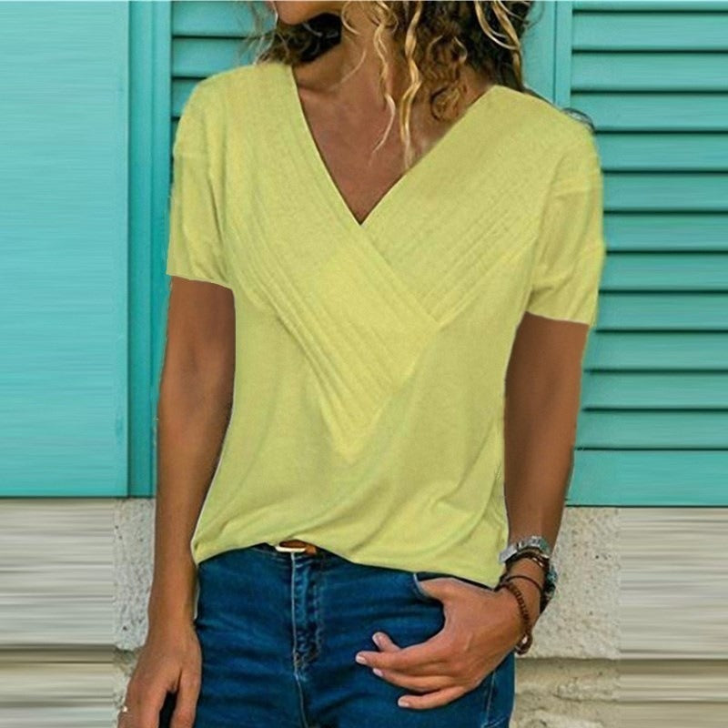 Spring and Summer New Hot Sale Slim Stitching V-neck Short-sleeved Solid Color T-shirt Female