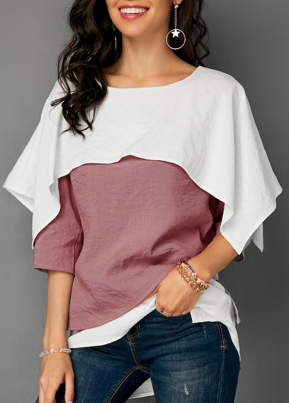 Autumn Hot Tops Sexy Round Neck Featuring Splicing Ruffled Tops