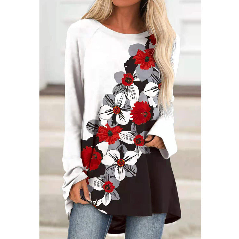 Women's Printed Round Neck Long Sleeve Loose T-Shirt Women's Top