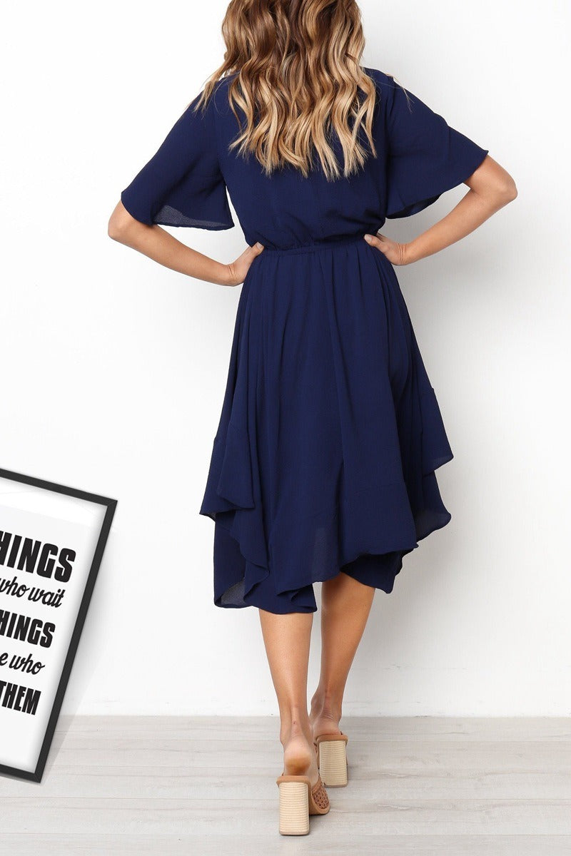 Solid Color Temperament Irregular Elastic Waist Round Neck Sleeve Dress