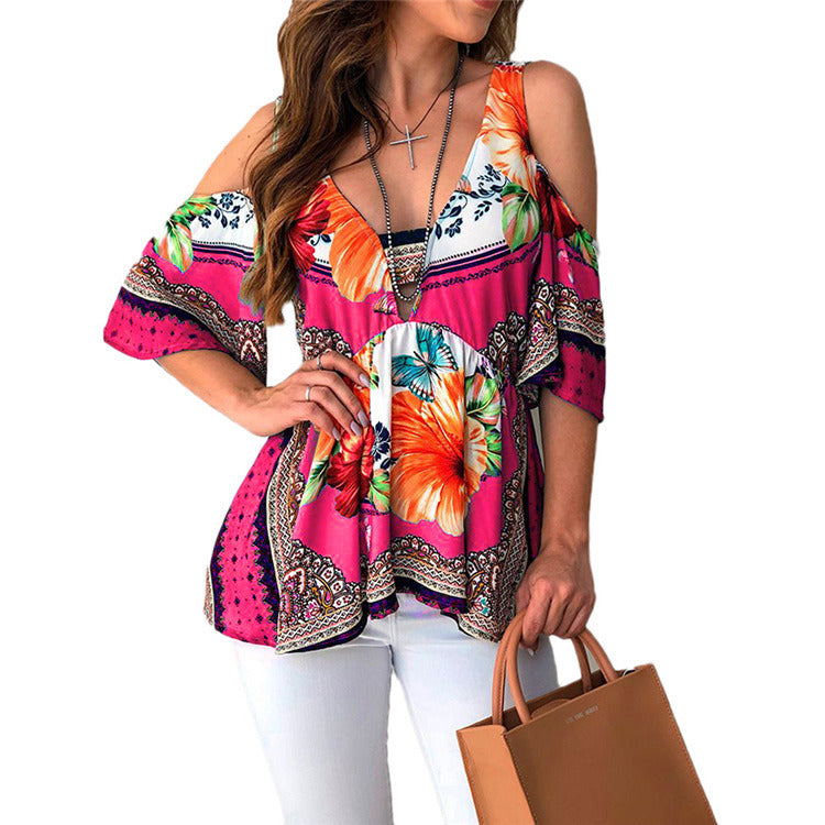 New Women's Sexy Backless Off Shoulder Print Top S-3XL