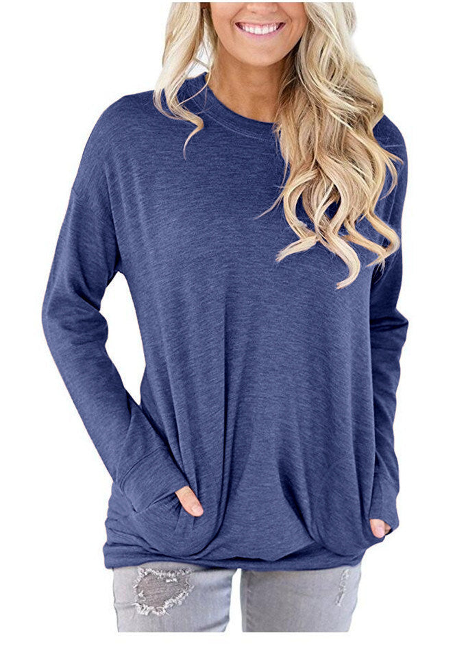 Ladies Fashion Soild Color T Shirt Autumn Winter Long Sleeve Round Collar Pocket Pullovers Women Plus Size Tops Blouse