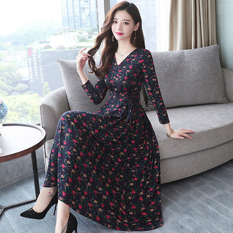 new women's V-neck slim slimming floral fashion wild long-sleeved temperament dress