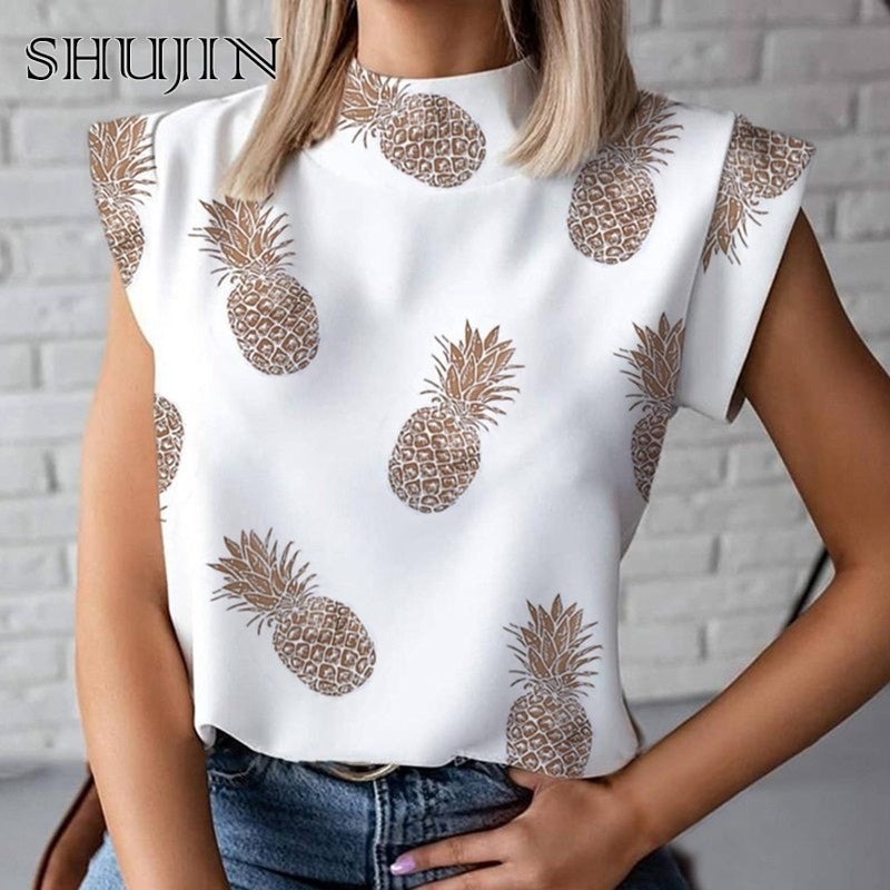 SHUJIN 2021 Fashion Women Elegant Lips Print Tops Blouse Shirts Summer Ladies Office Casual Stand Neck Pullovers Eye Blusa Tops